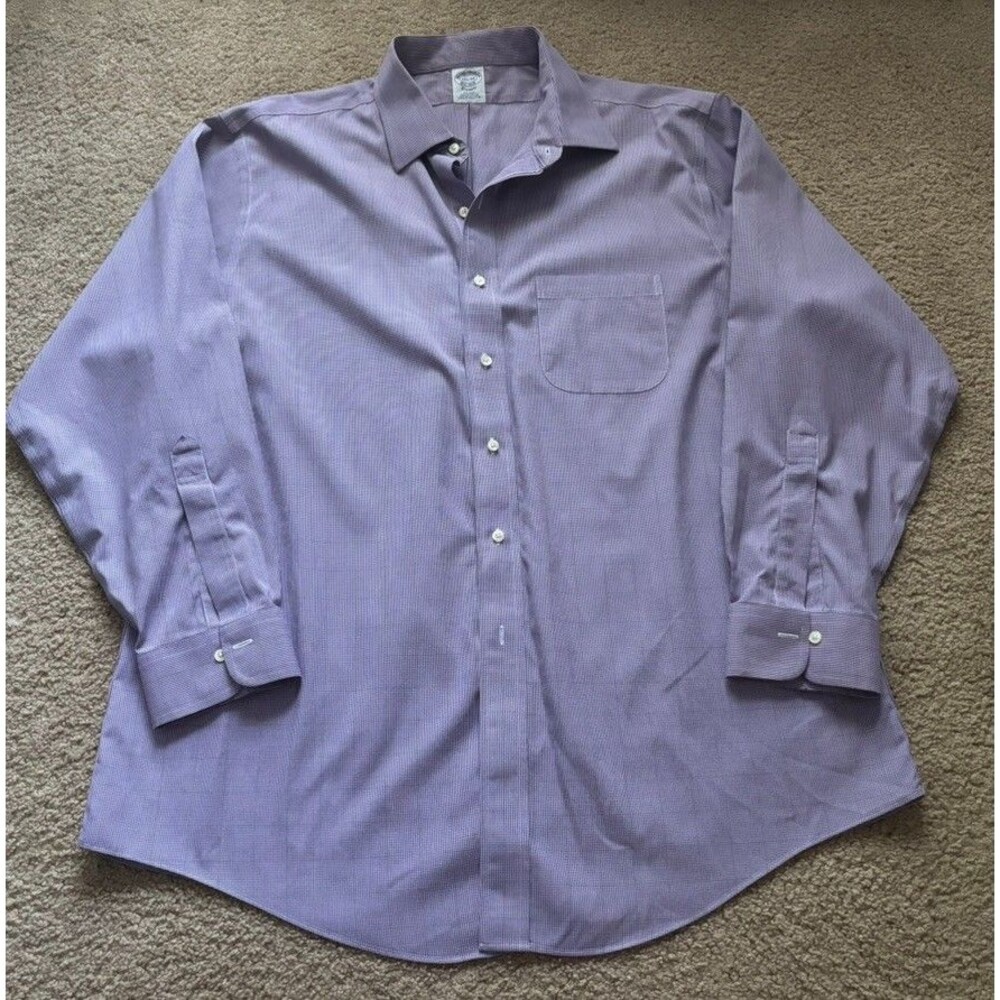 Brooks Brothers Dress Shirt Mens 17.5 34 Purple Gingham Cotton Button Down